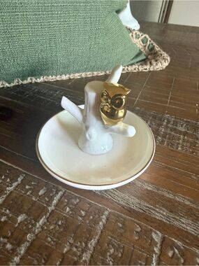 Vintage Style Ceramic Owl on Branch Ring Holder Gold Trinket Dish Decorative